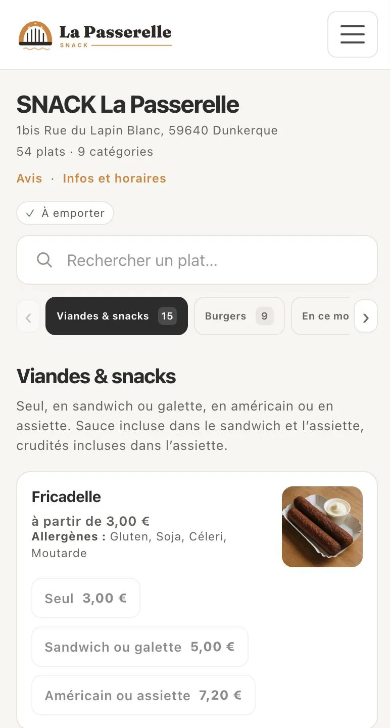 De website van SNACK La Passerelle op een telefoon: de online menukaart